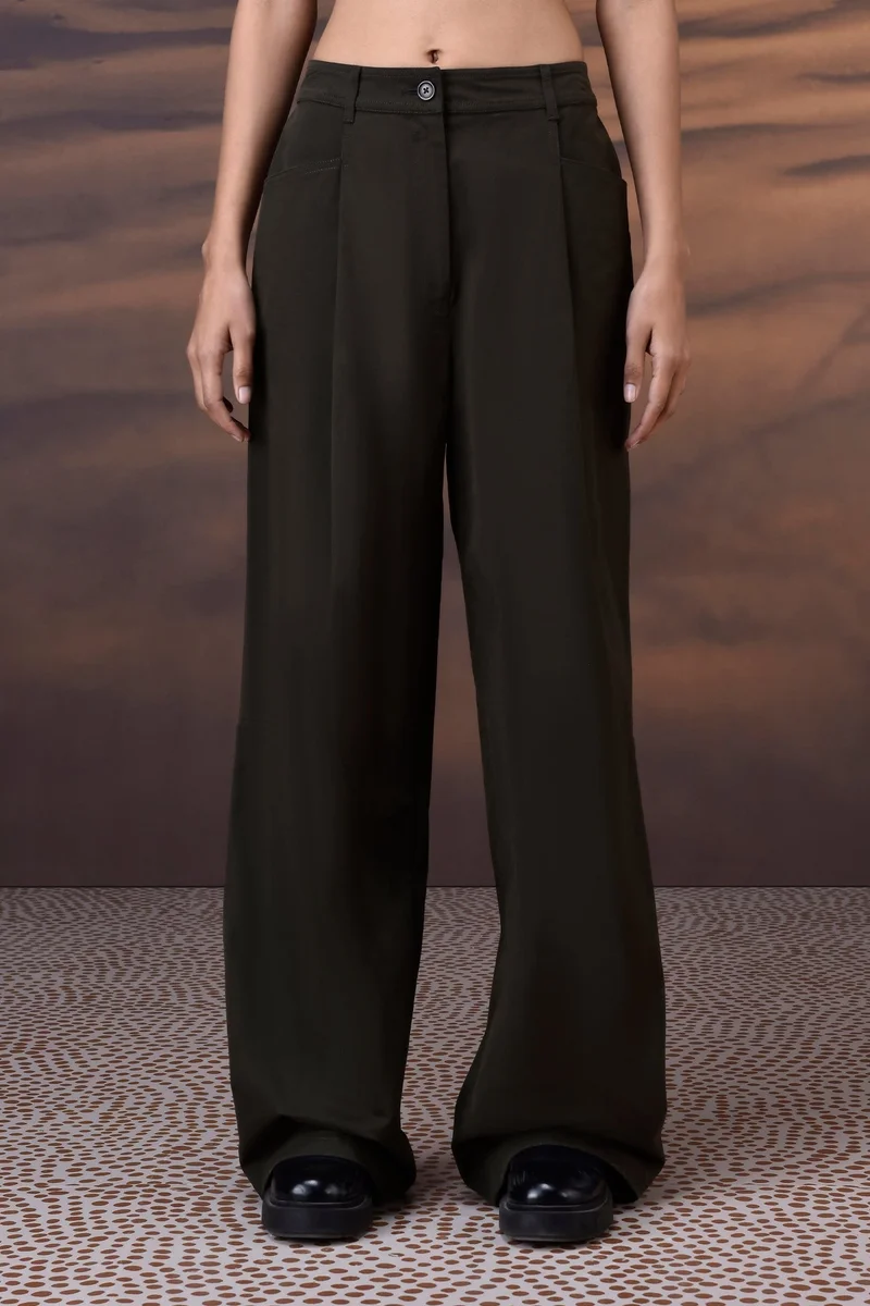 Genes Lecoanet Hemant Military Green Cotton Twill Wide-Leg Trousers